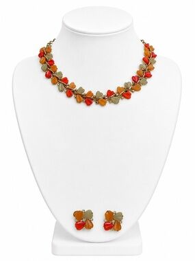 Vintage Lisner Choker Necklace & Clip On Earrings Set Orange Green Leaves MCM